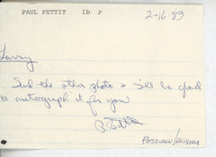 Baseball legend Paul Pettit signed note