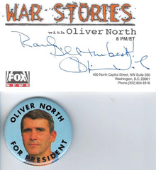 Oliver North signed Fox News card and button