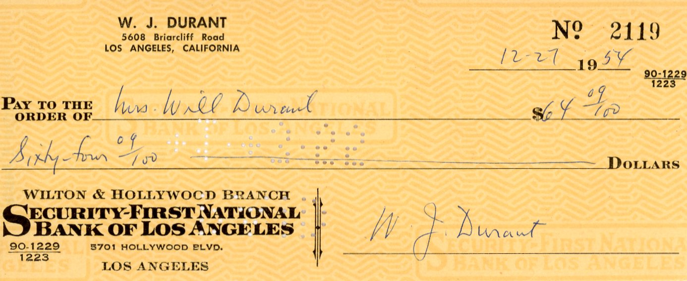 Author W.J. Durant signed check - Check