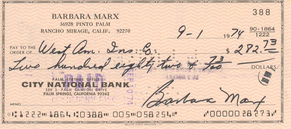 Barbara Marx signed check - Check