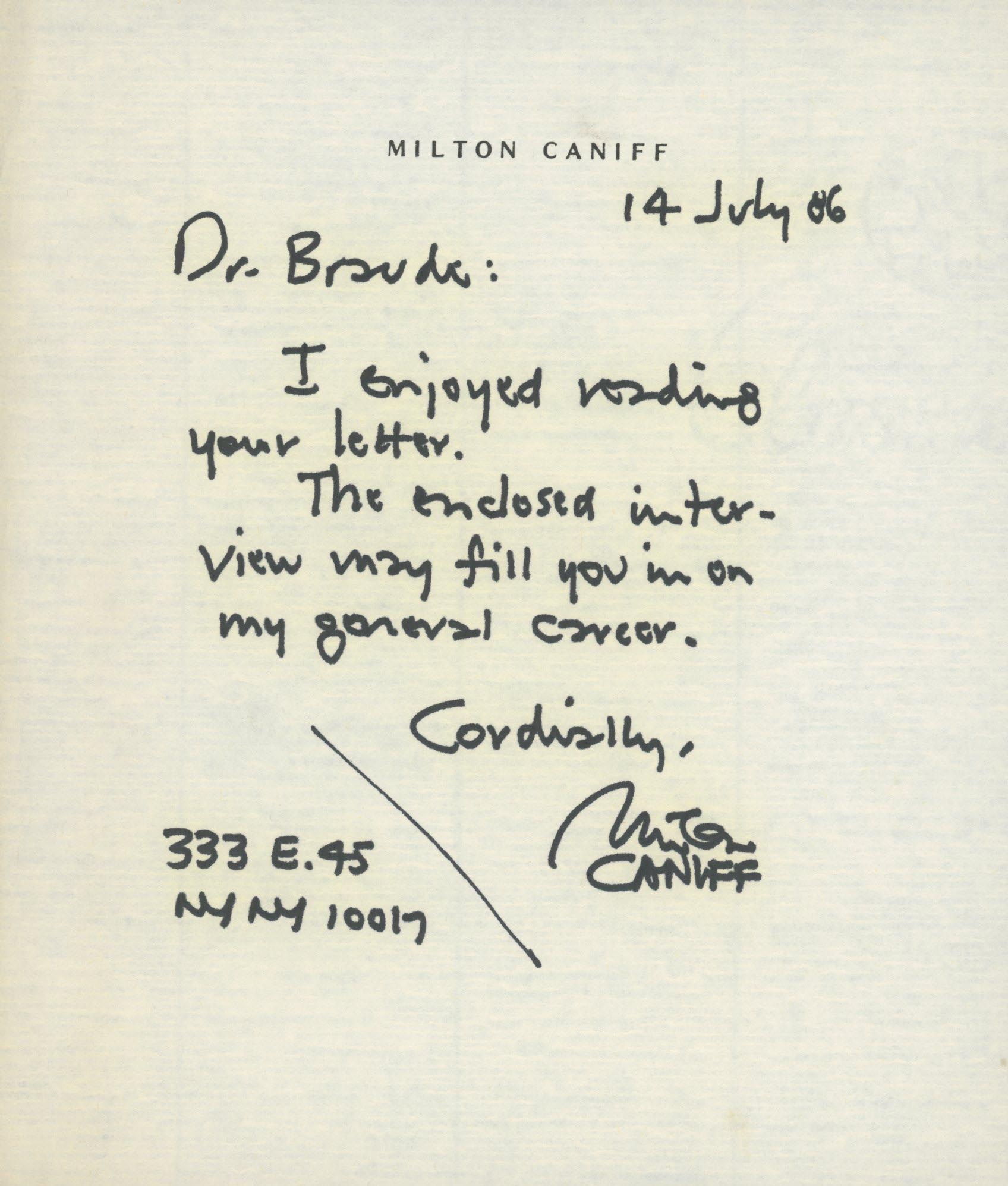 Milton Caniff hand written signed note