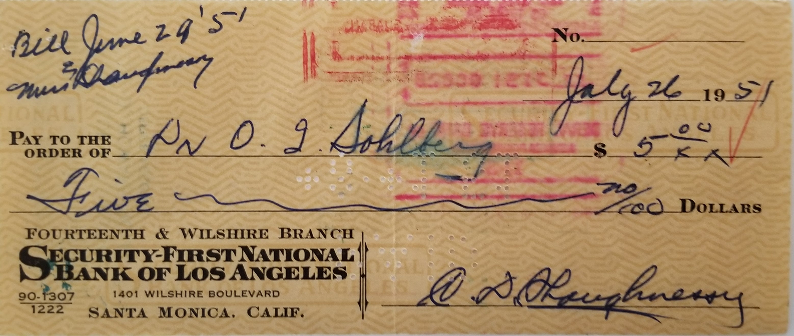 Football Coach Clark Shaughnessy double signed check