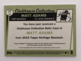 Matt Adams Baseball Trading Card with Game-Used Jersey Swatch - Topps Heritage Clubhouse Collection #CCR-MA 2016