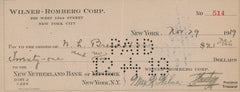 Max R. Wilner and Sigmund Romberg signed check