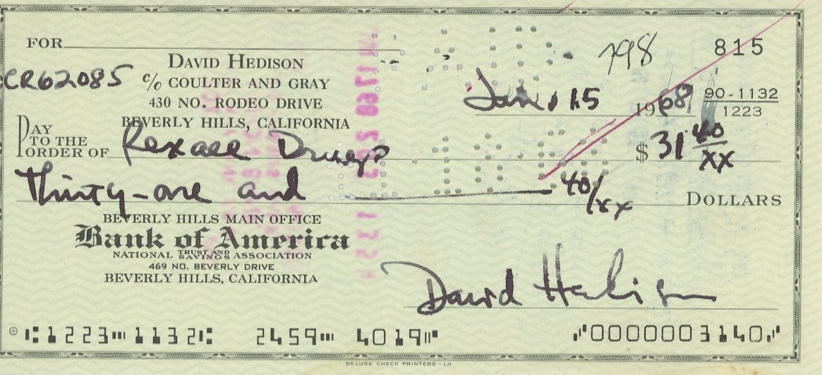 The Fly David Hedison signed check - Check