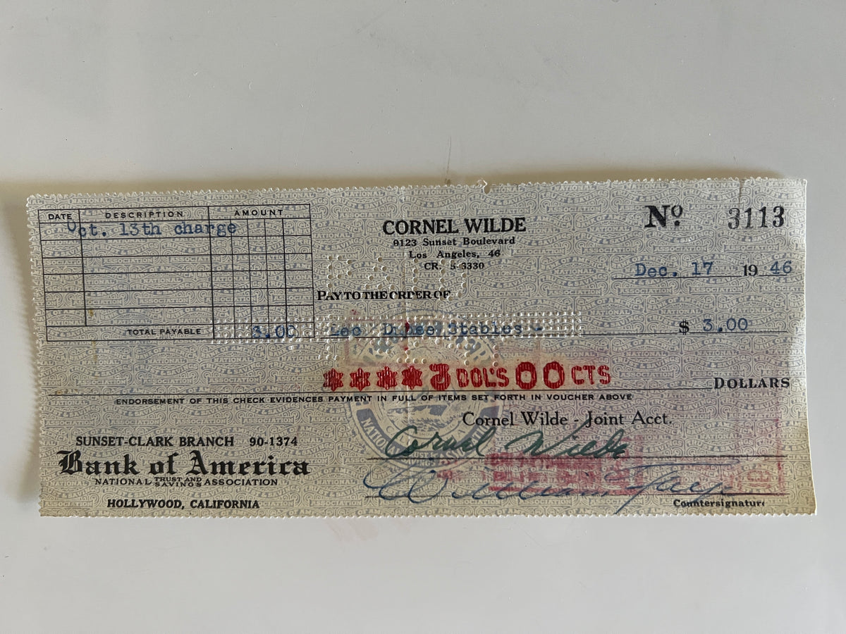 Cornel Wilde signed check