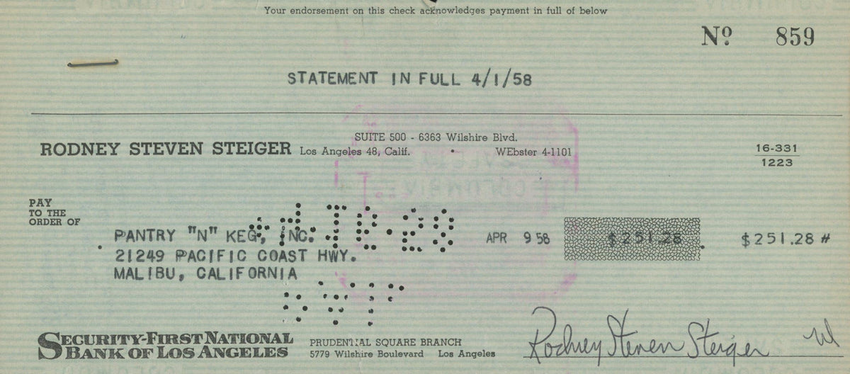 Rod Steiger signed check