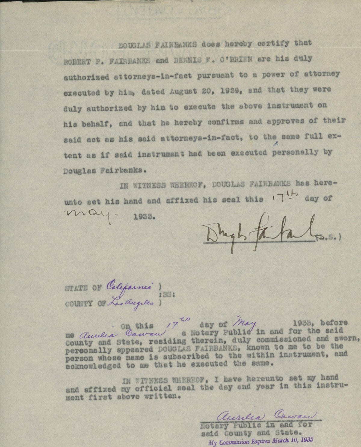 Douglas Fairbanks Jr. signed document. GFA Authenticated