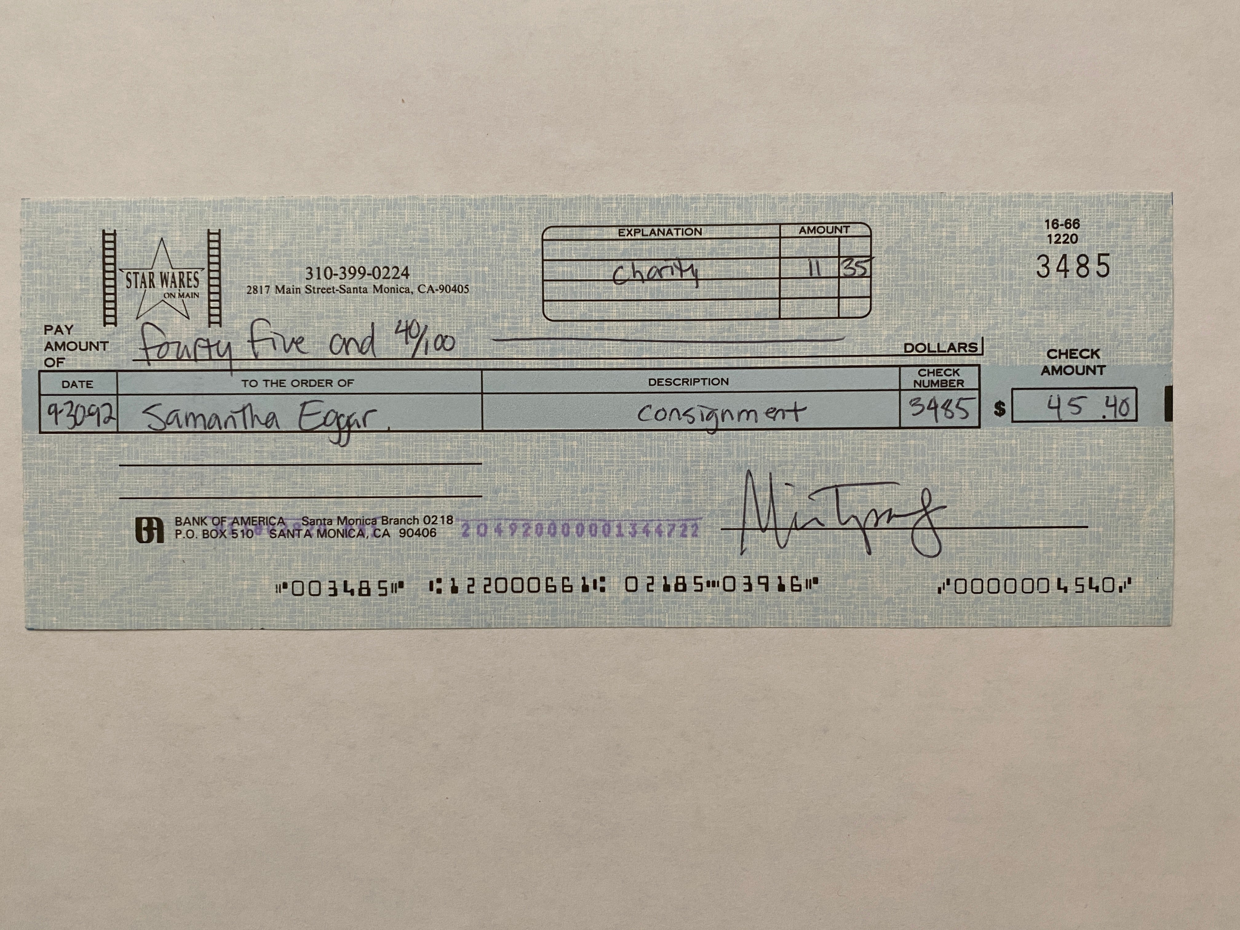 Samantha Eggar Star Wares consignment signed check