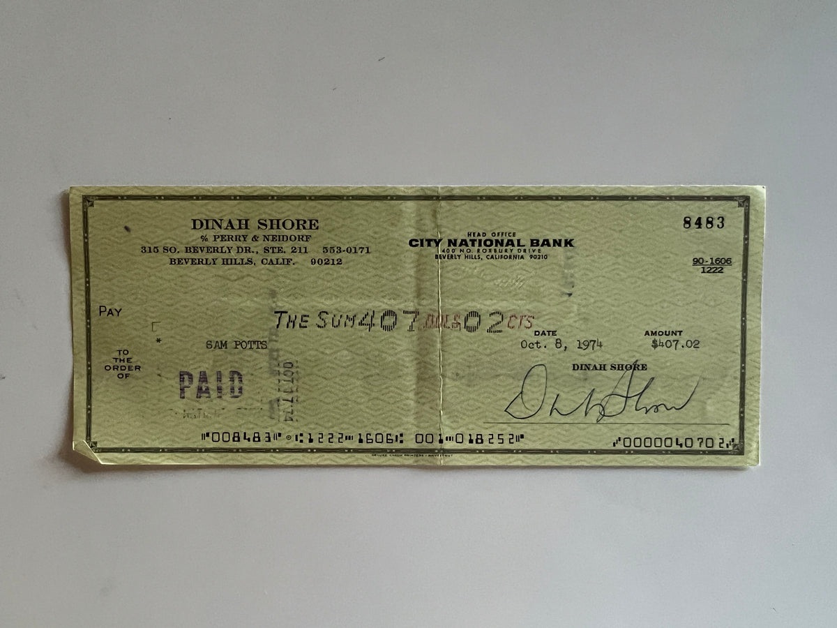 Dinah Shore signed check