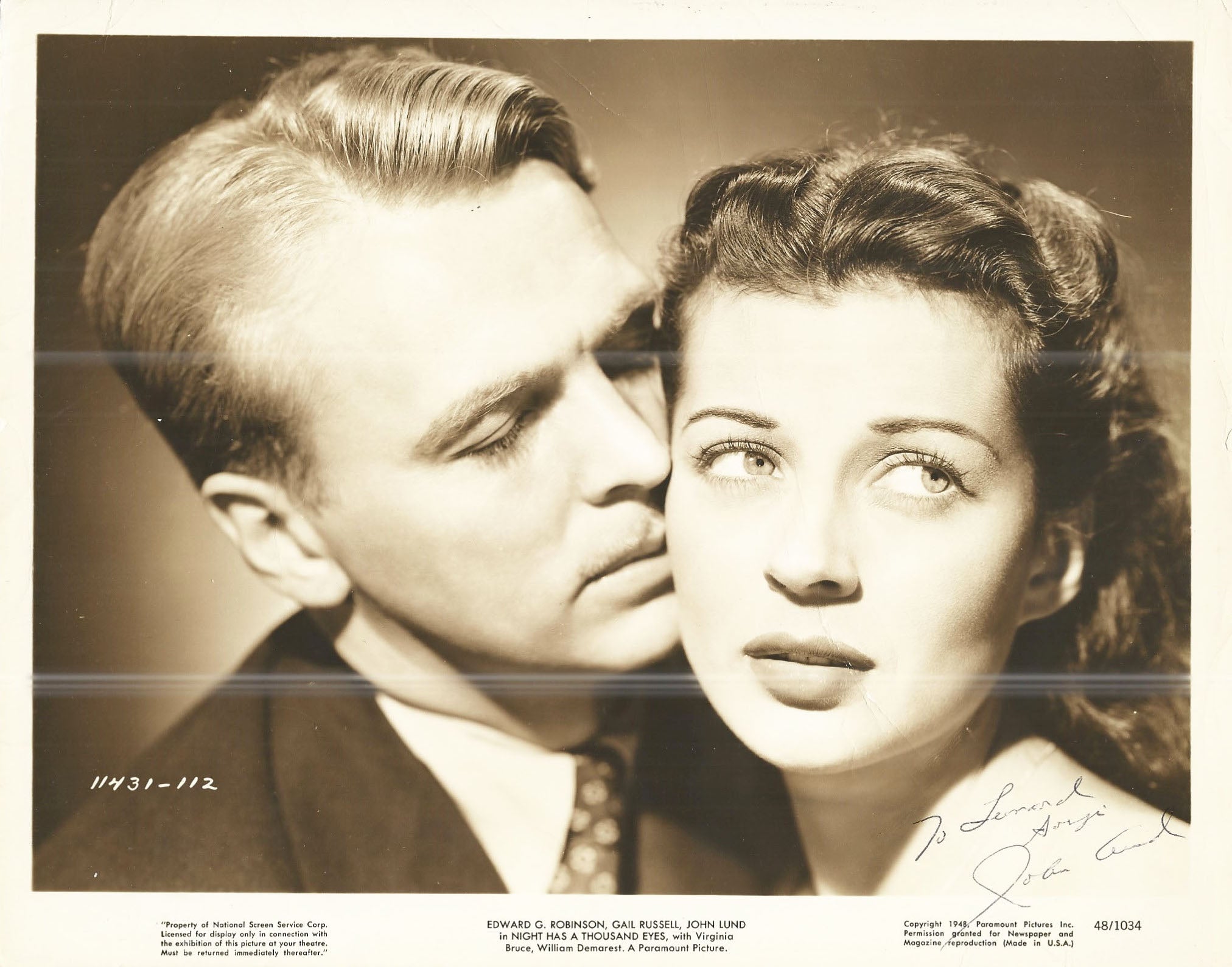 Night Has a Thousand Eyes  John Lund Signed Movie Photo