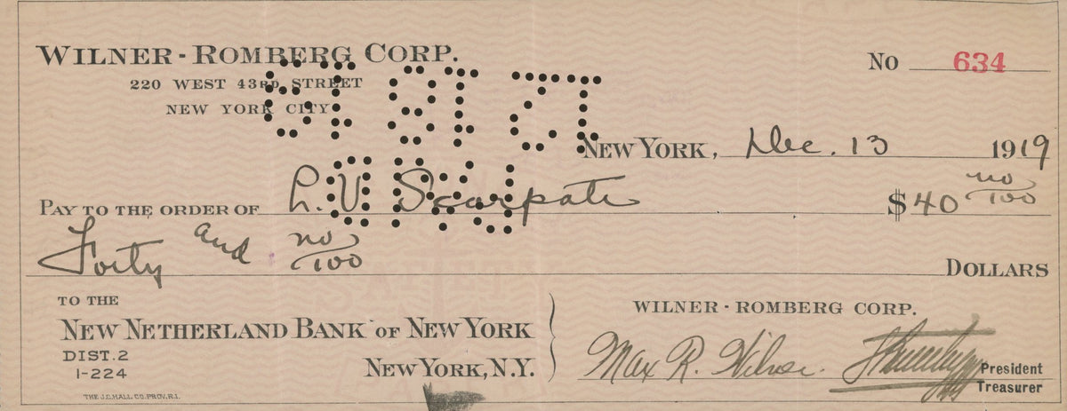 Max R. Wilner and Sigmund Romberg signed check