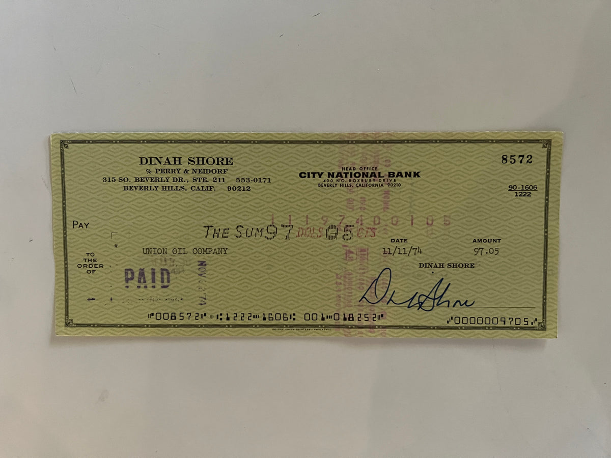 Dinah Shore signed check