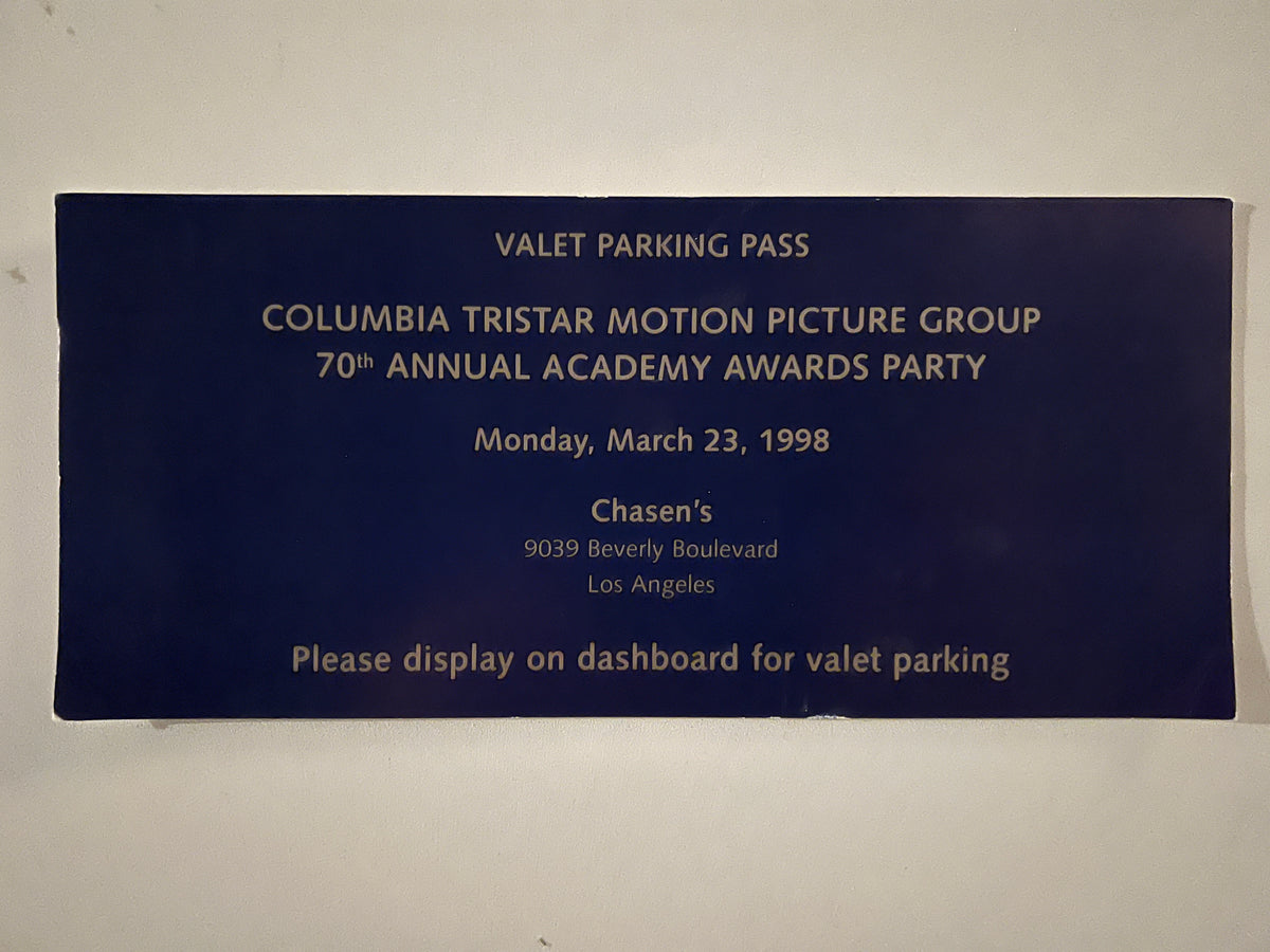 Original 1998 Valet Parking Pass to 70th Annual Academy Awards Party at Chasen's Restaurant