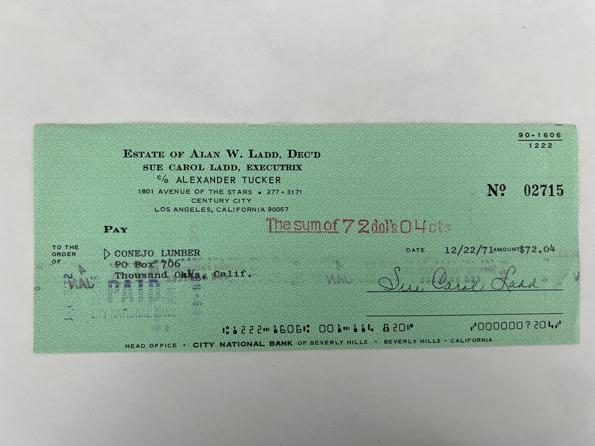 Sue Carol Ladd signed check