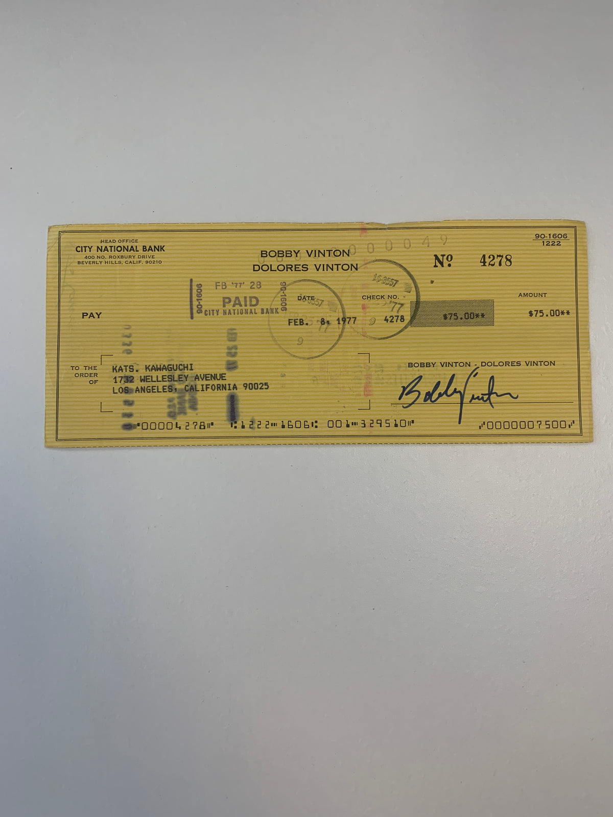 Surf Party Bobby Vinton signed check