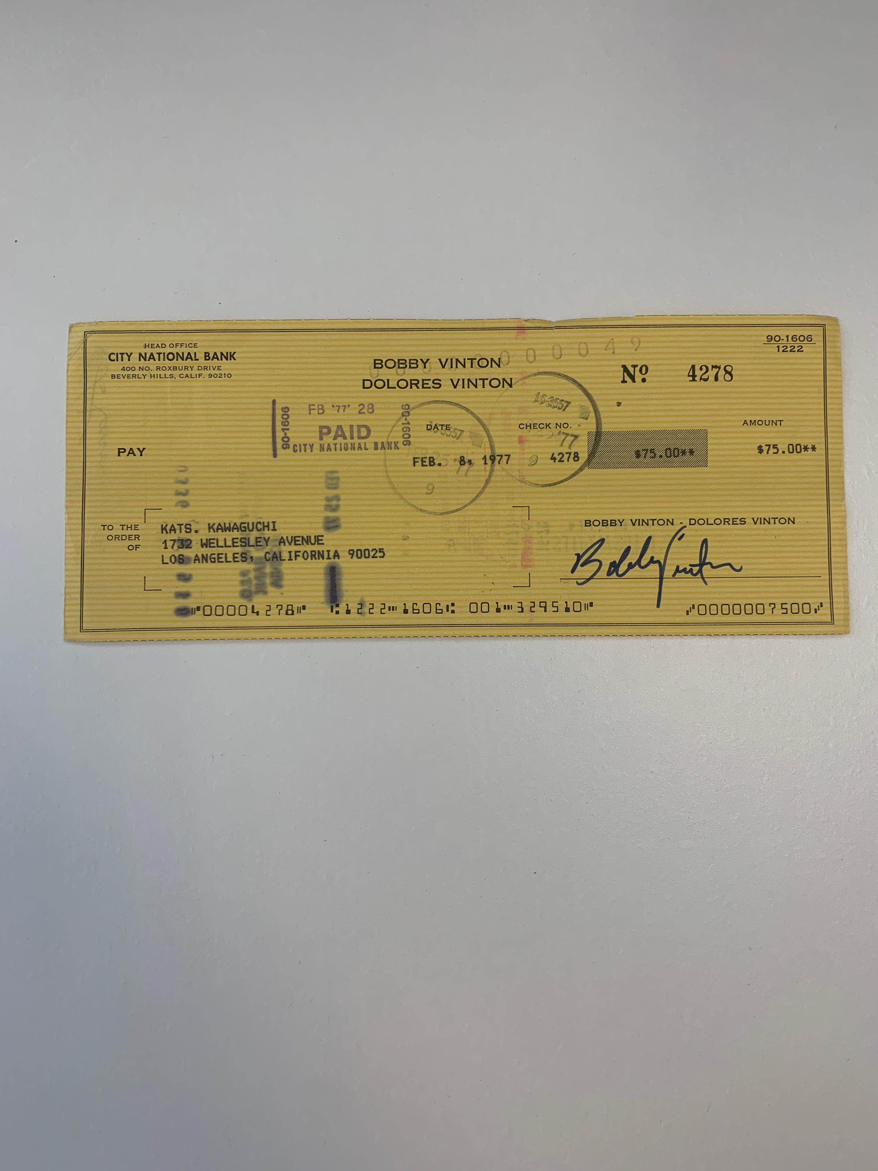 Surf Party Bobby Vinton signed check