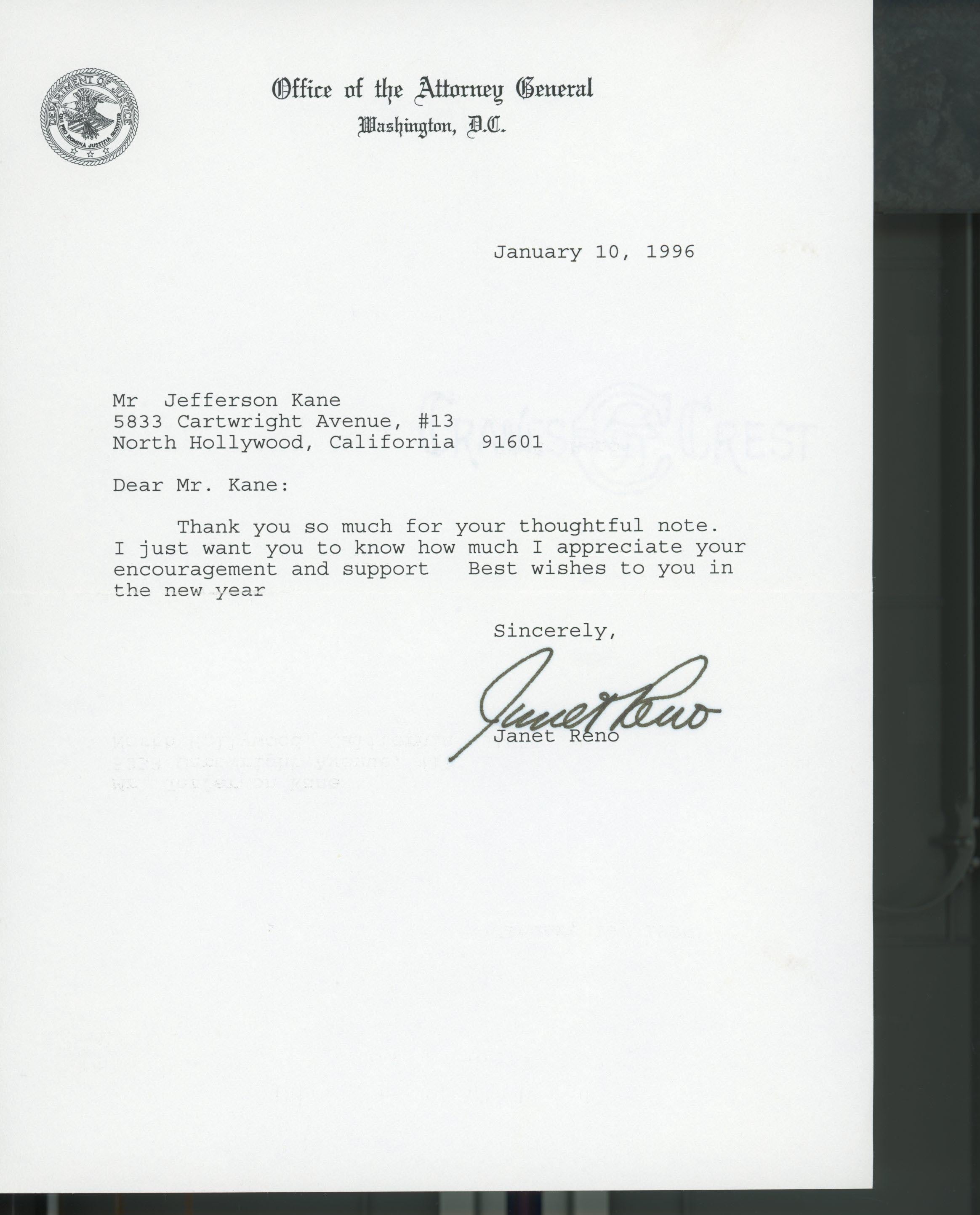Janet Reno signed letter