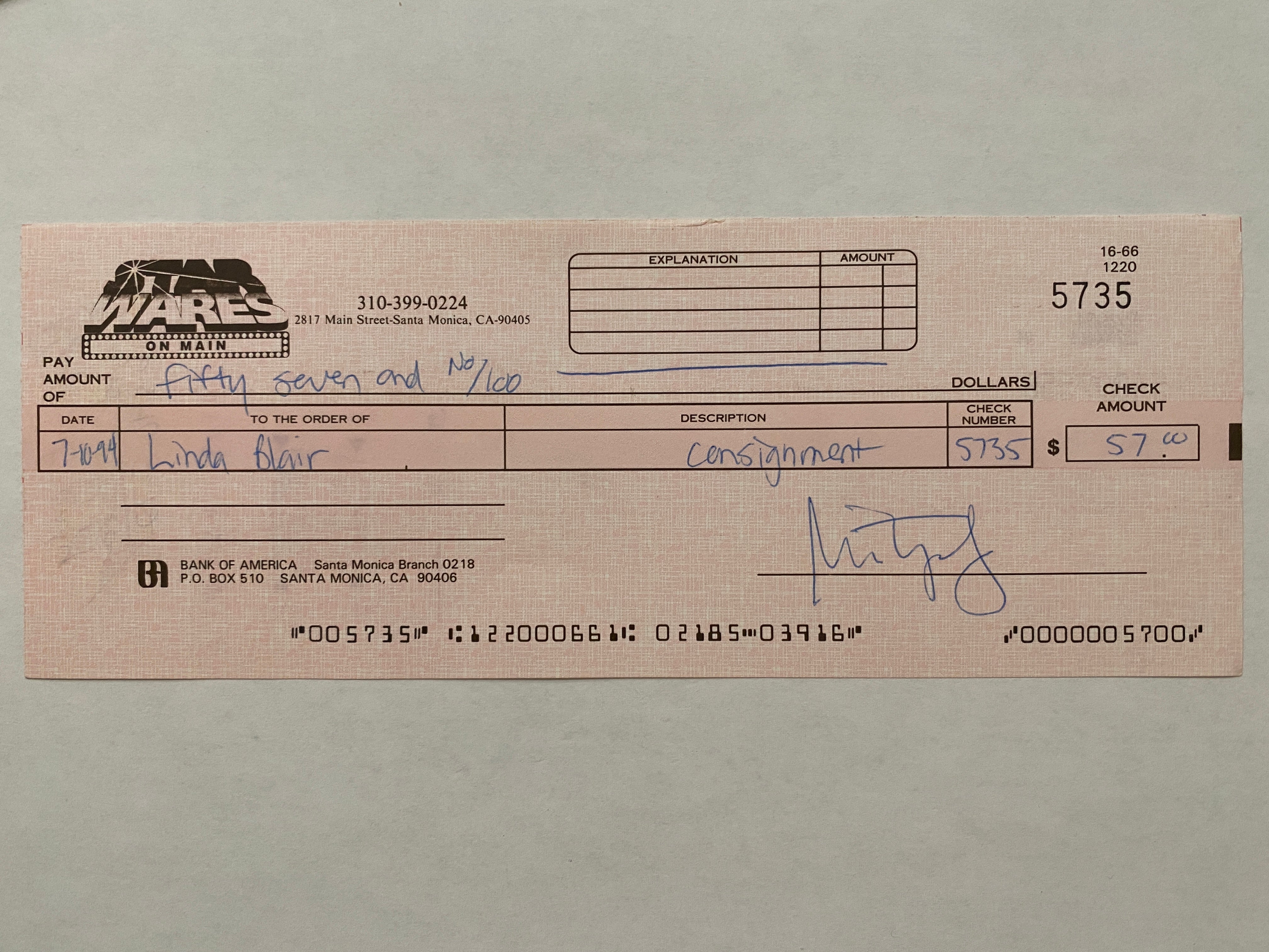 Linda Blair Star Wares consignment signed check