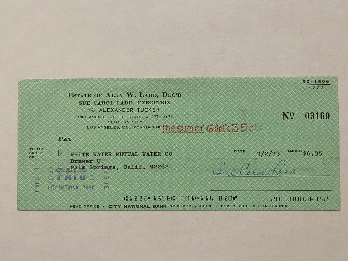 Sue Carol Ladd signed check