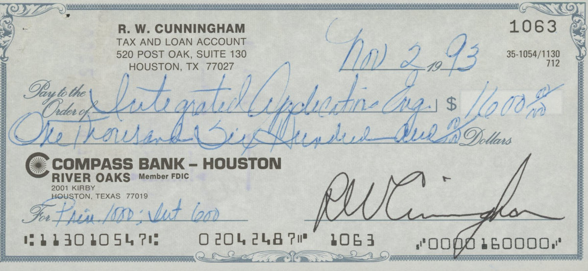 Astronaut Walter Cunningham signed check