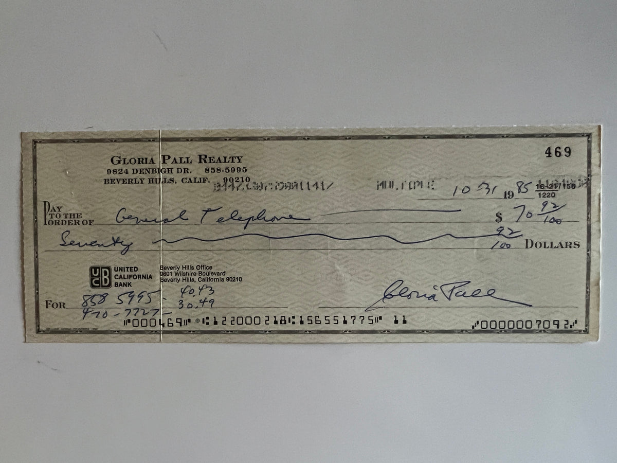 Gloria Pall signed check