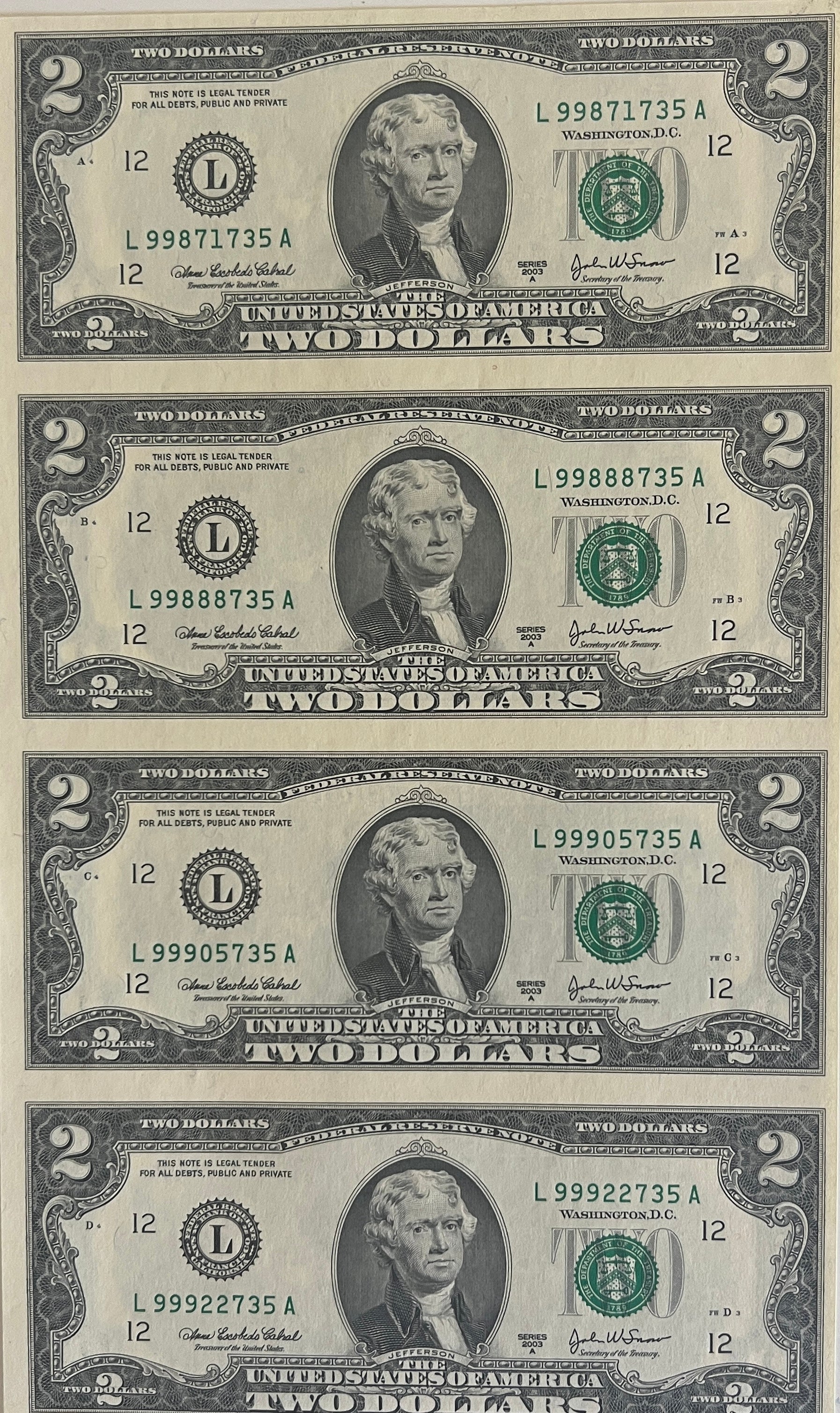 United States $2 bill uncut mint sheet
