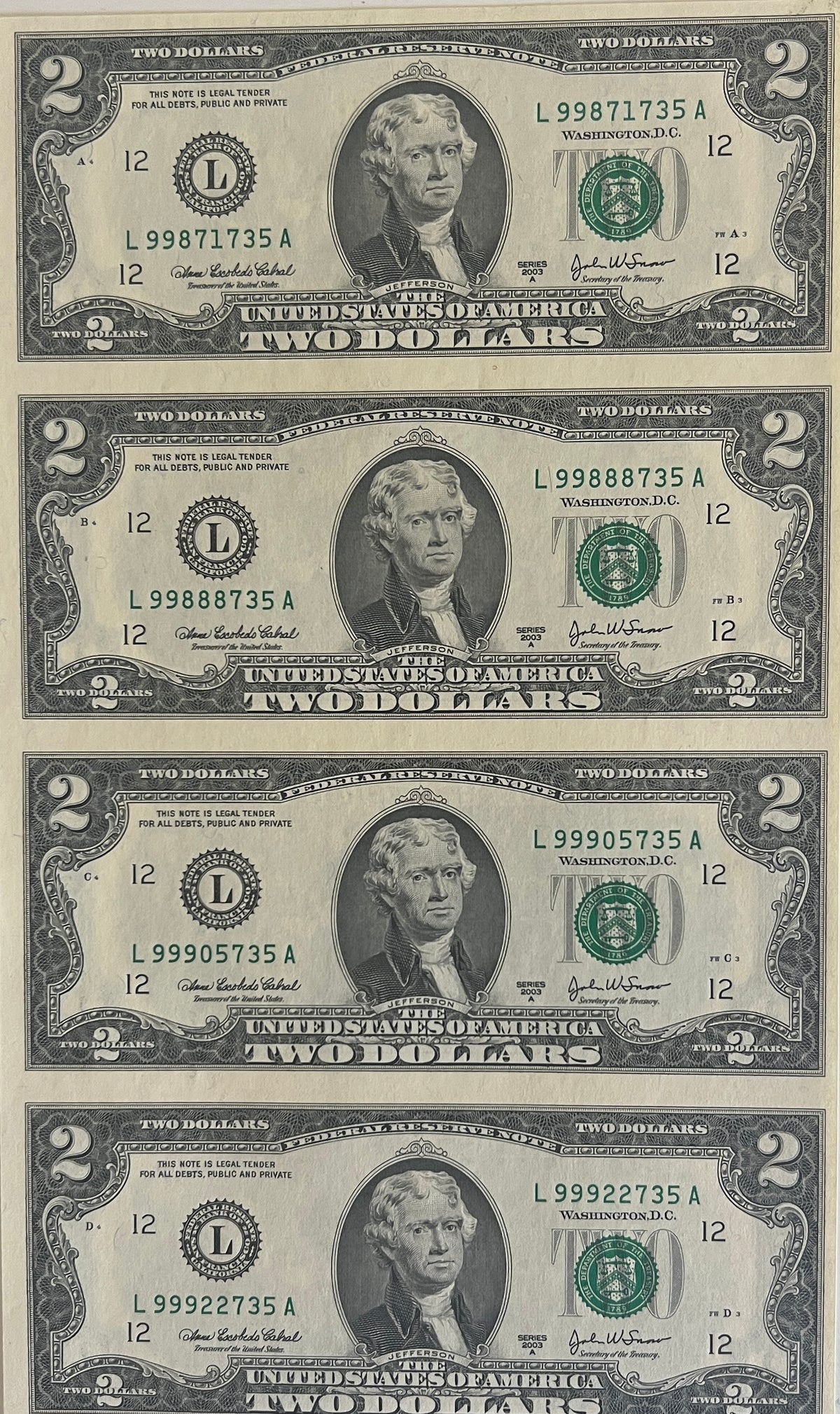 United States $2 bill uncut mint sheet