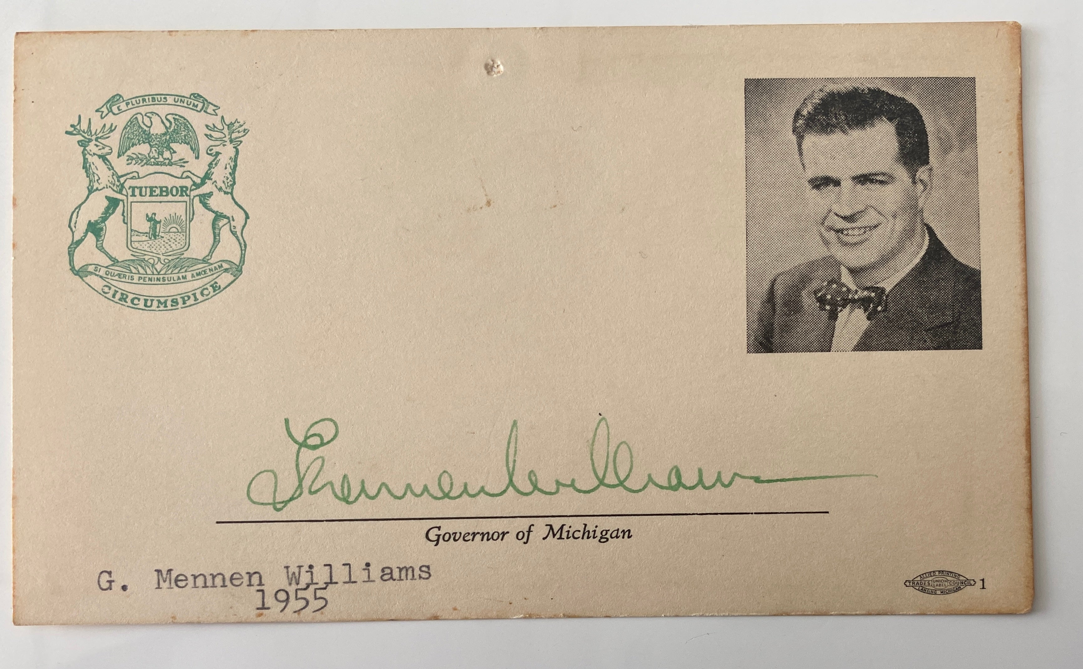 Governor of Michigan G. Mennen Williams signed autograph card 