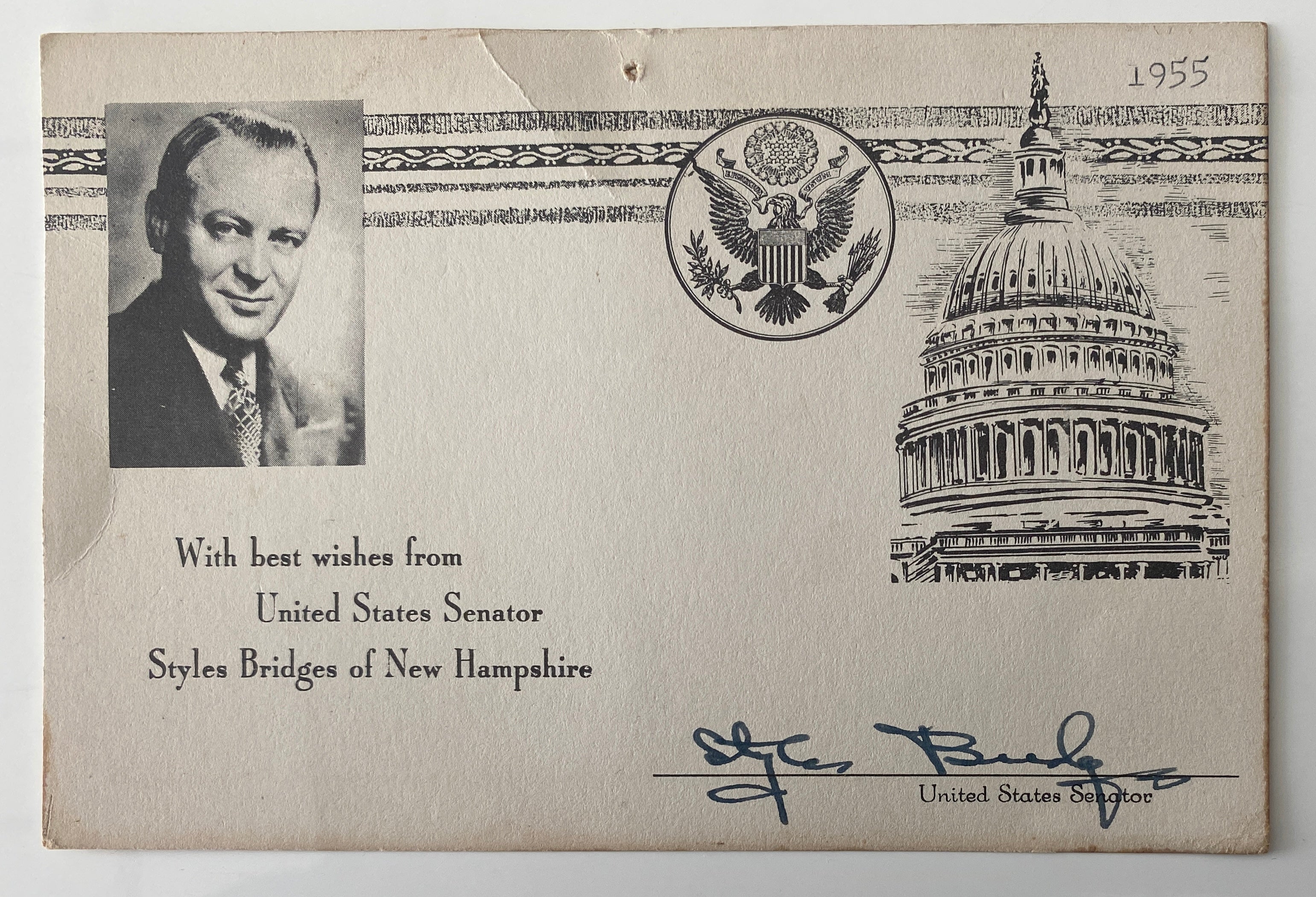 US Senator of New Hampshire Styles Bridges signed card