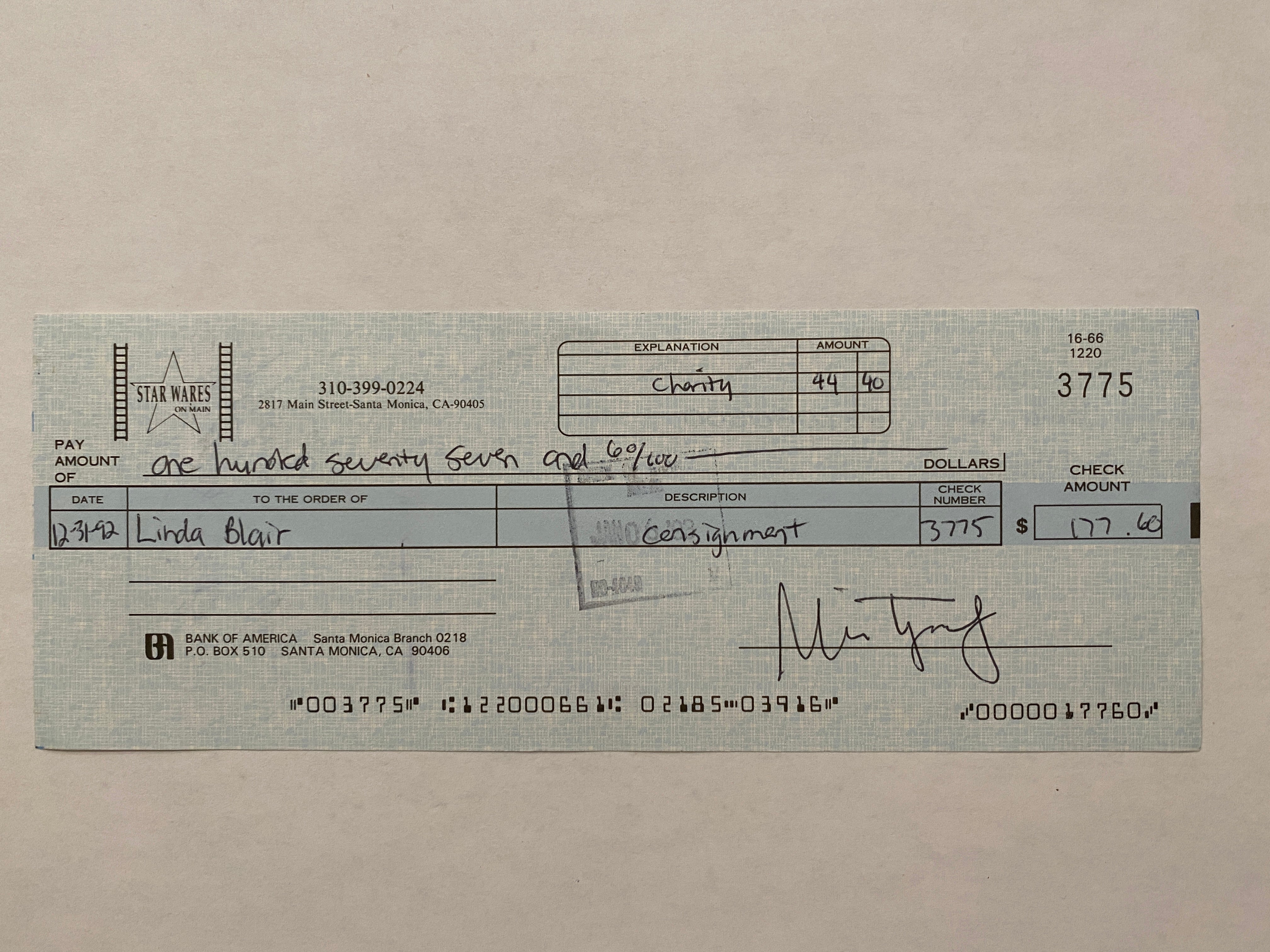 Linda Blair Star Wares consignment signed check