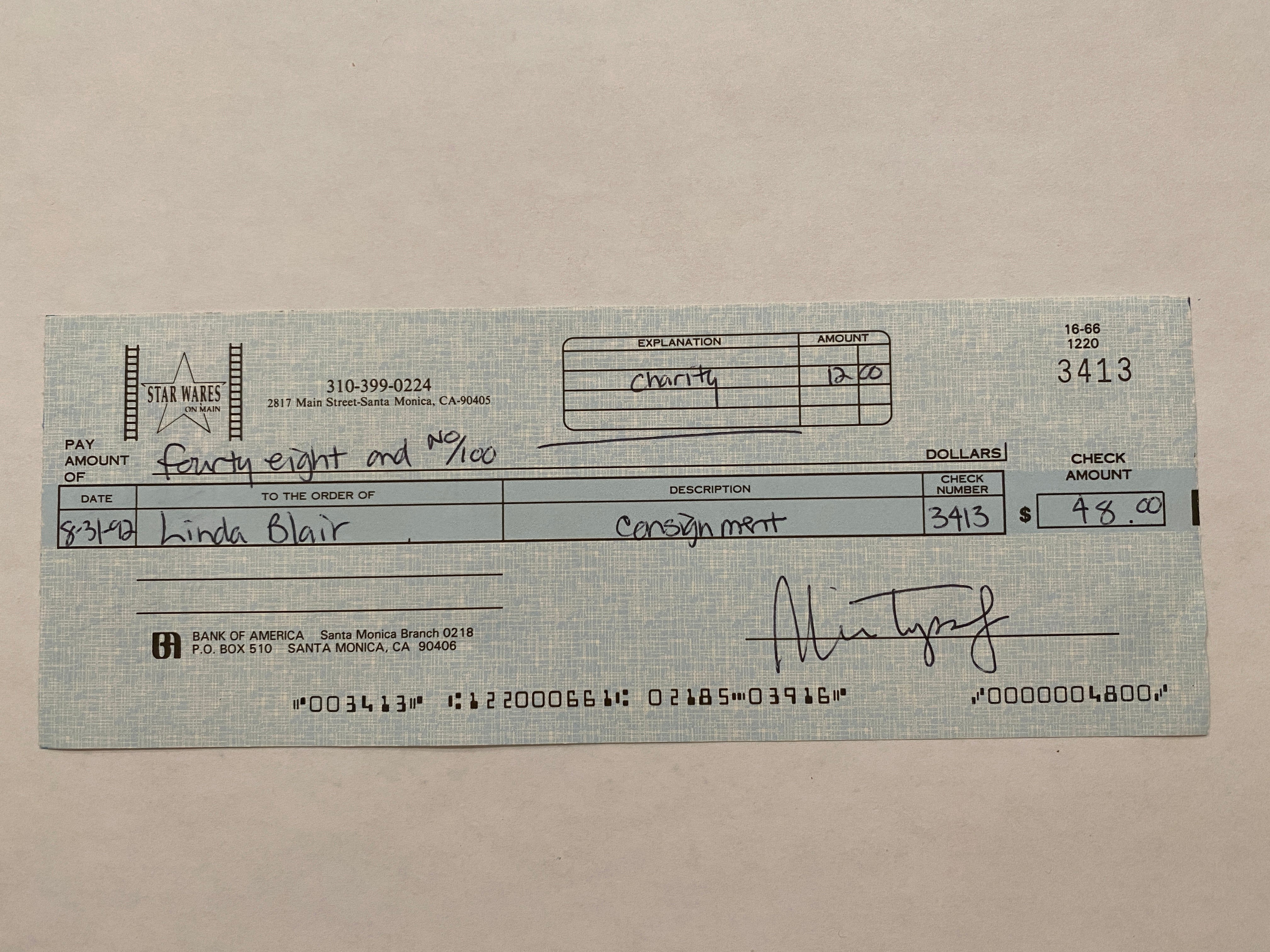 Linda Blair Star Wares consignment signed check
