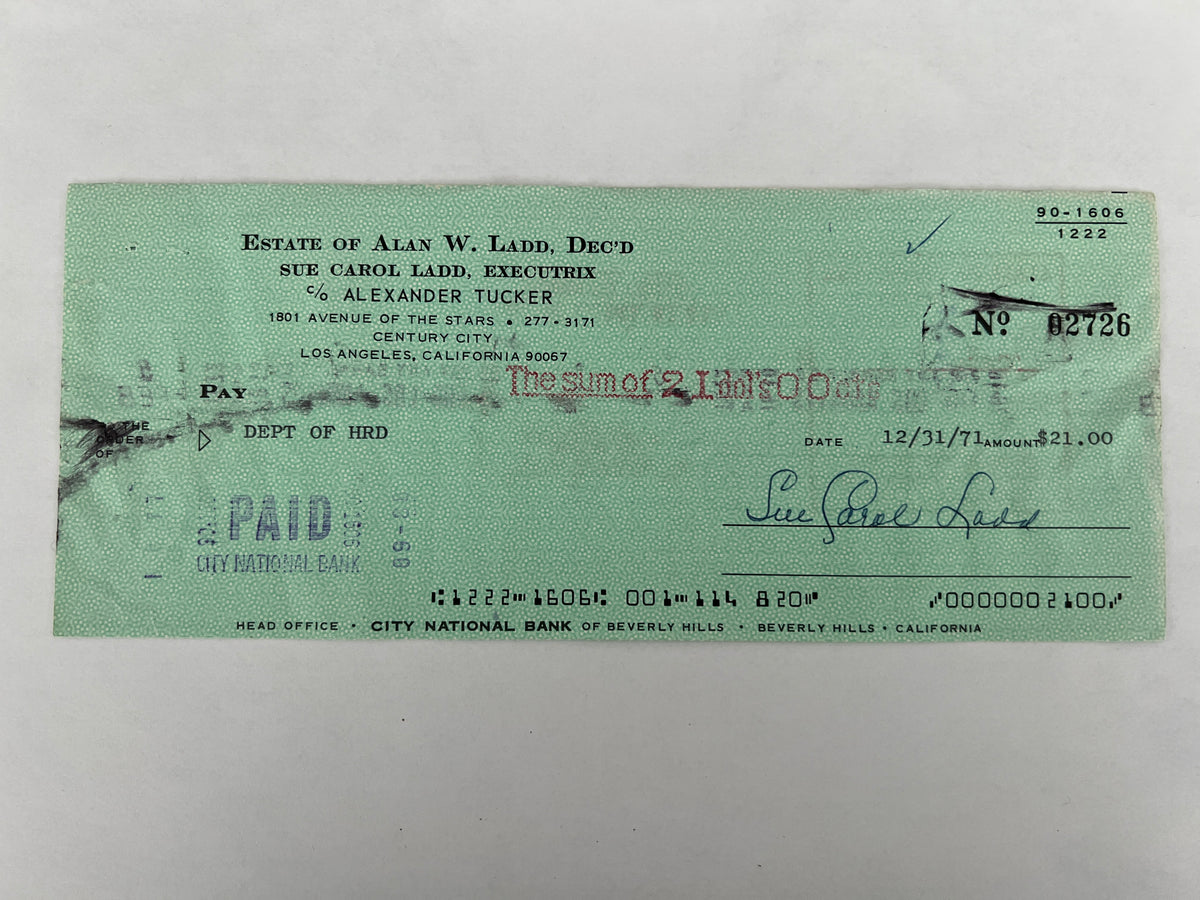 Sue Carol Ladd signed check