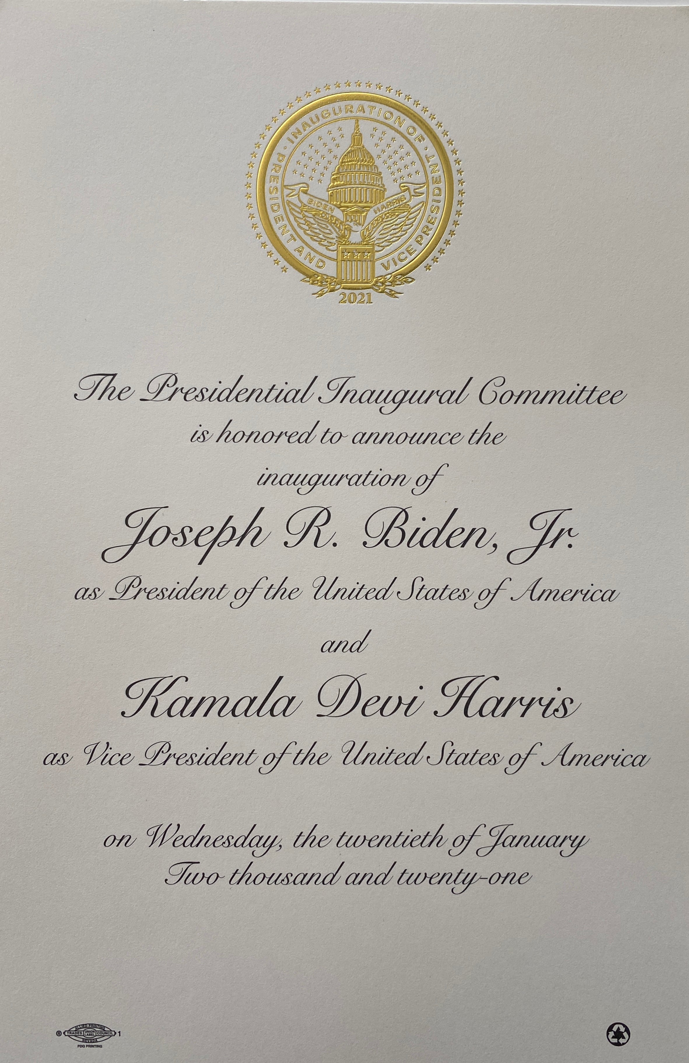 Joe Biden Presidential Inauguration Invitation