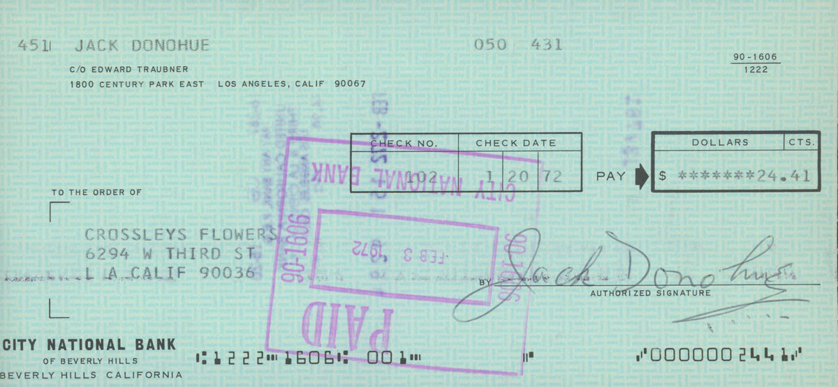 Jack Donohue signed check