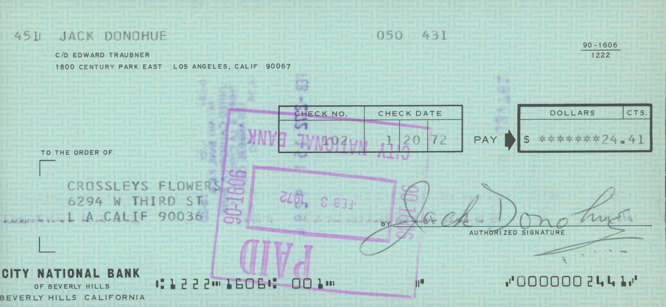 Jack Donohue signed check