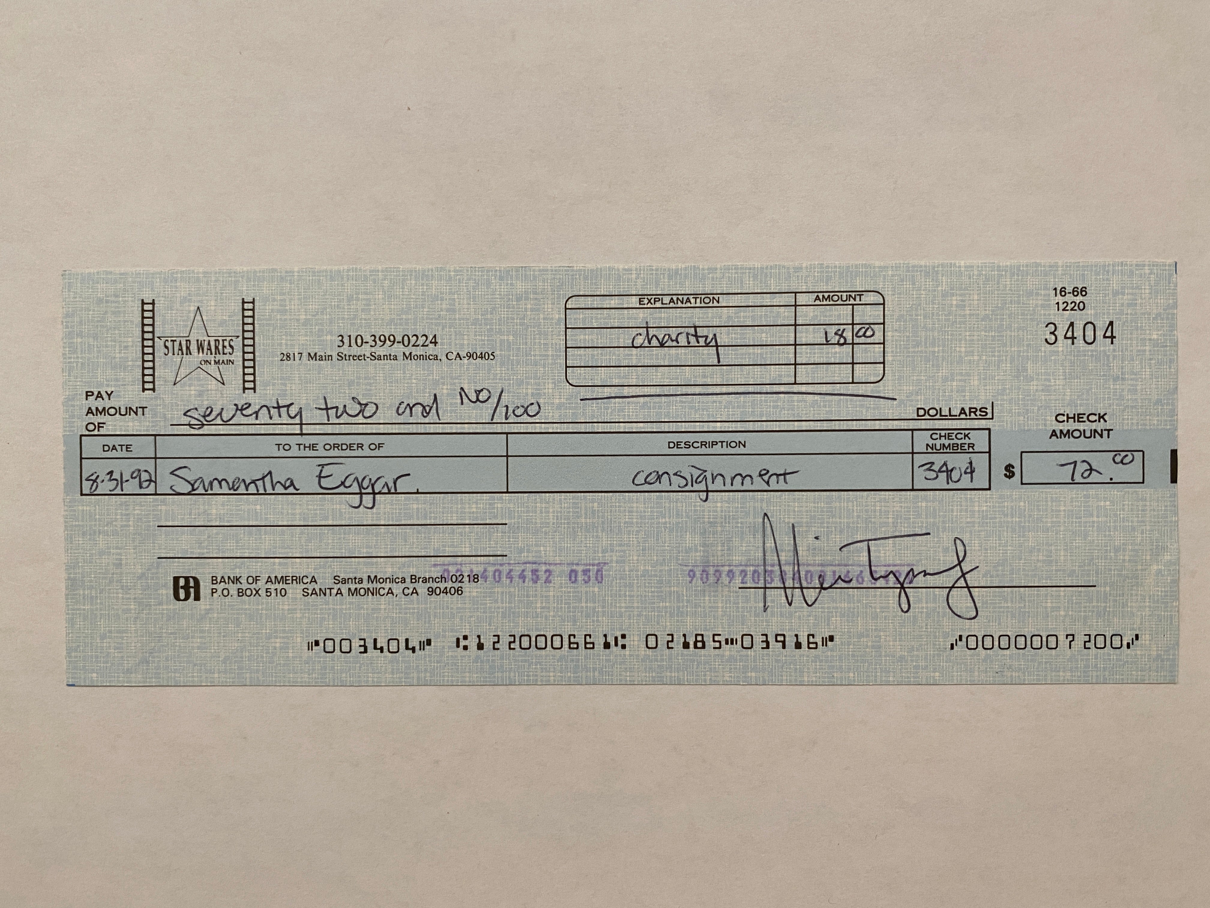 Samantha Eggar Star Wares consignment signed check