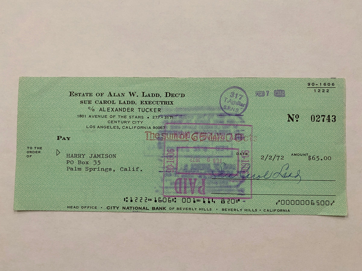 Sue Carol Ladd signed check