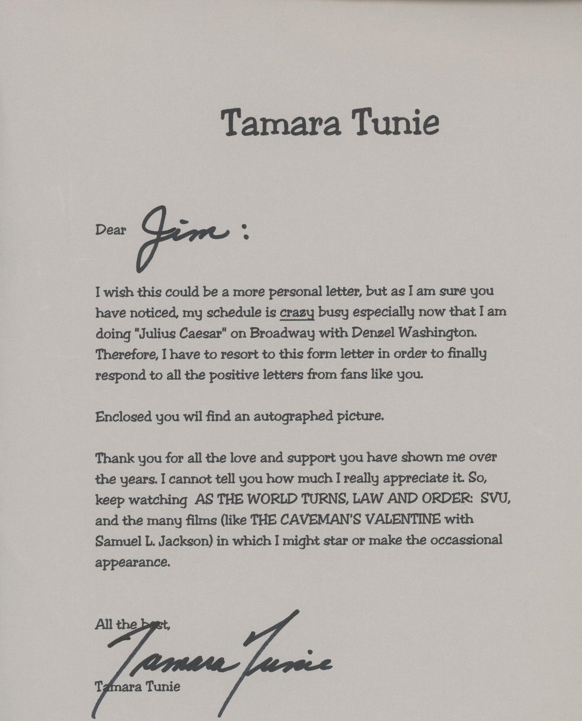 Law And Order SVU Tamara Tunie signed letter