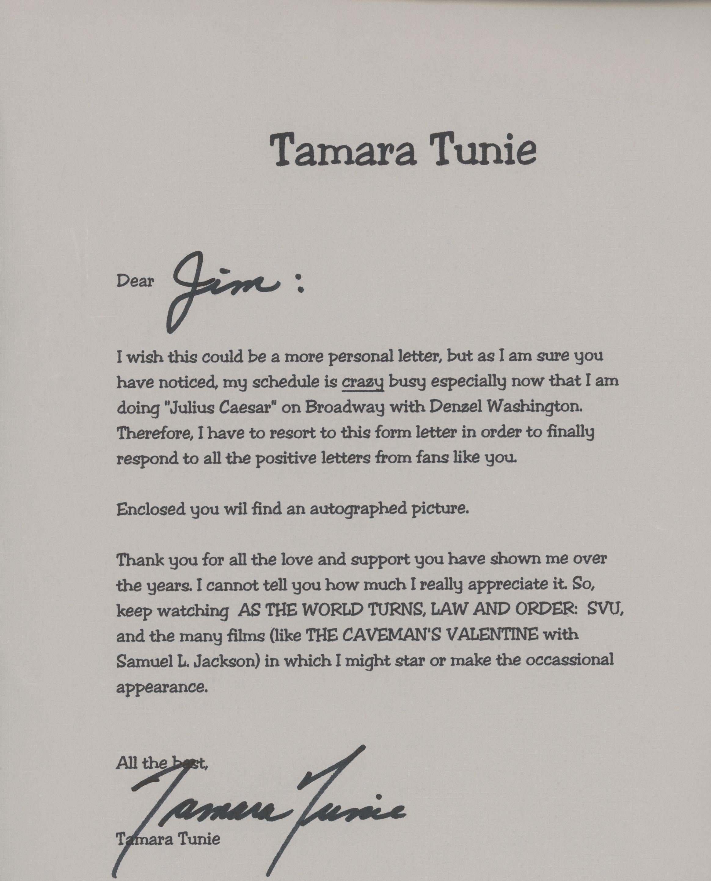 Law And Order SVU Tamara Tunie signed letter