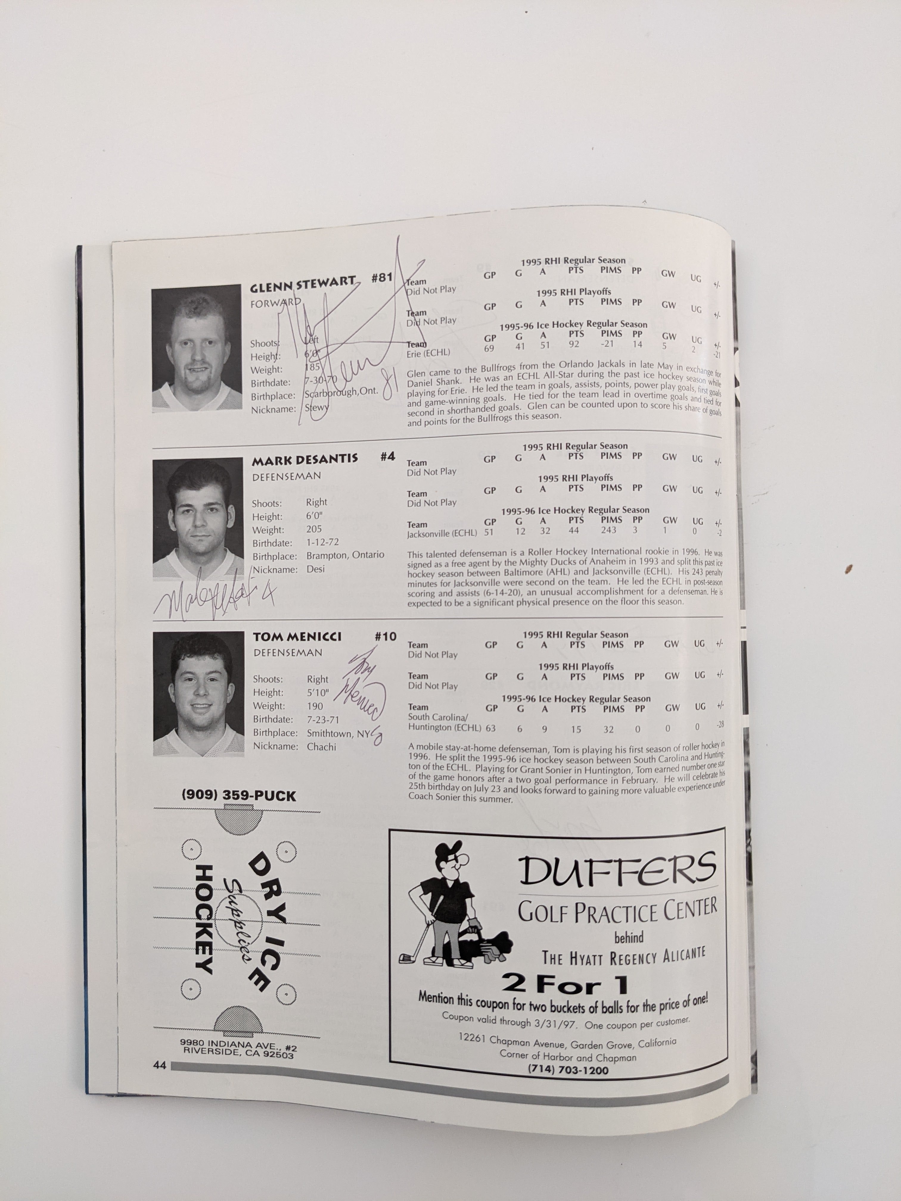 Anaheim Bullfrogs Roller Hockey Program - 15 Autographs