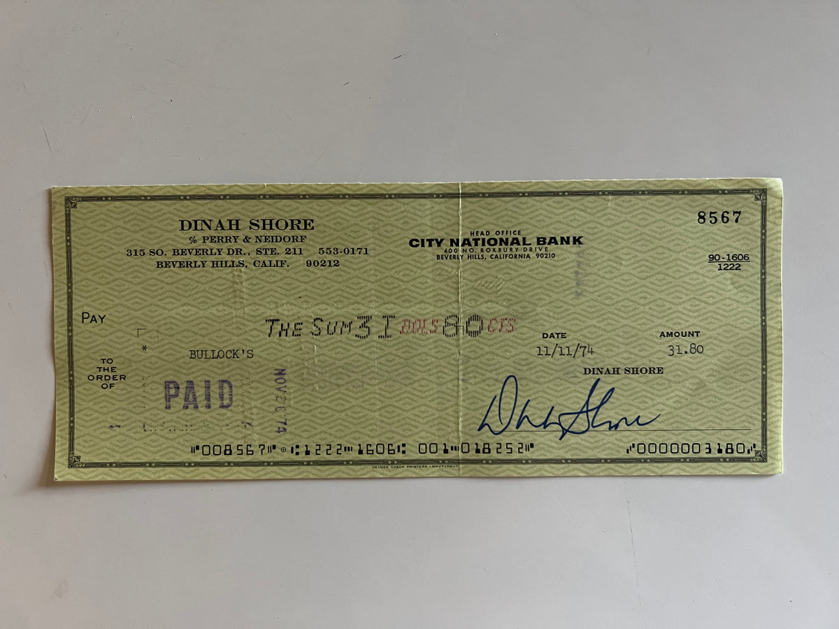 Dinah Shore signed check