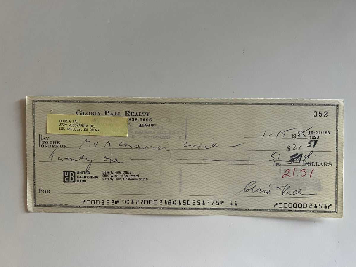 Gloria Pall signed check