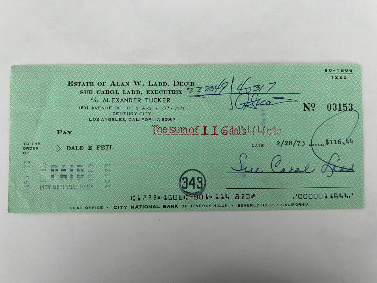 Sue Carol Ladd signed check