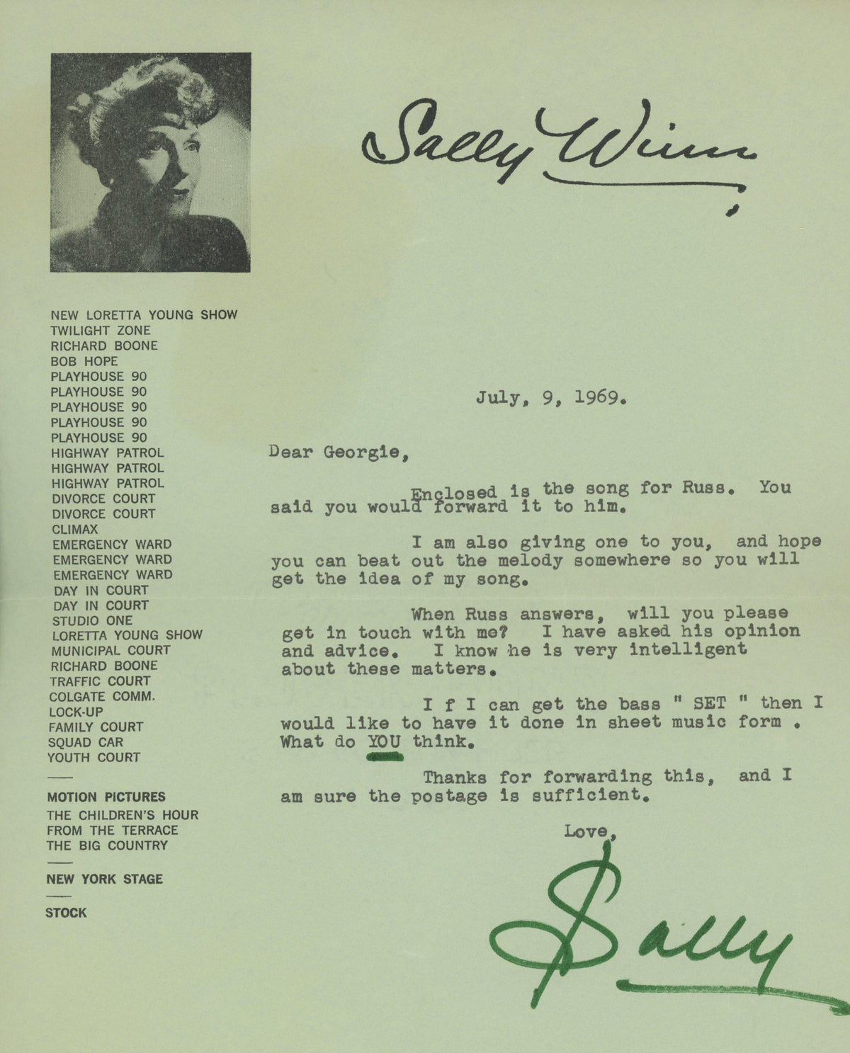 Sally Winn signed personal note and signed sheet music