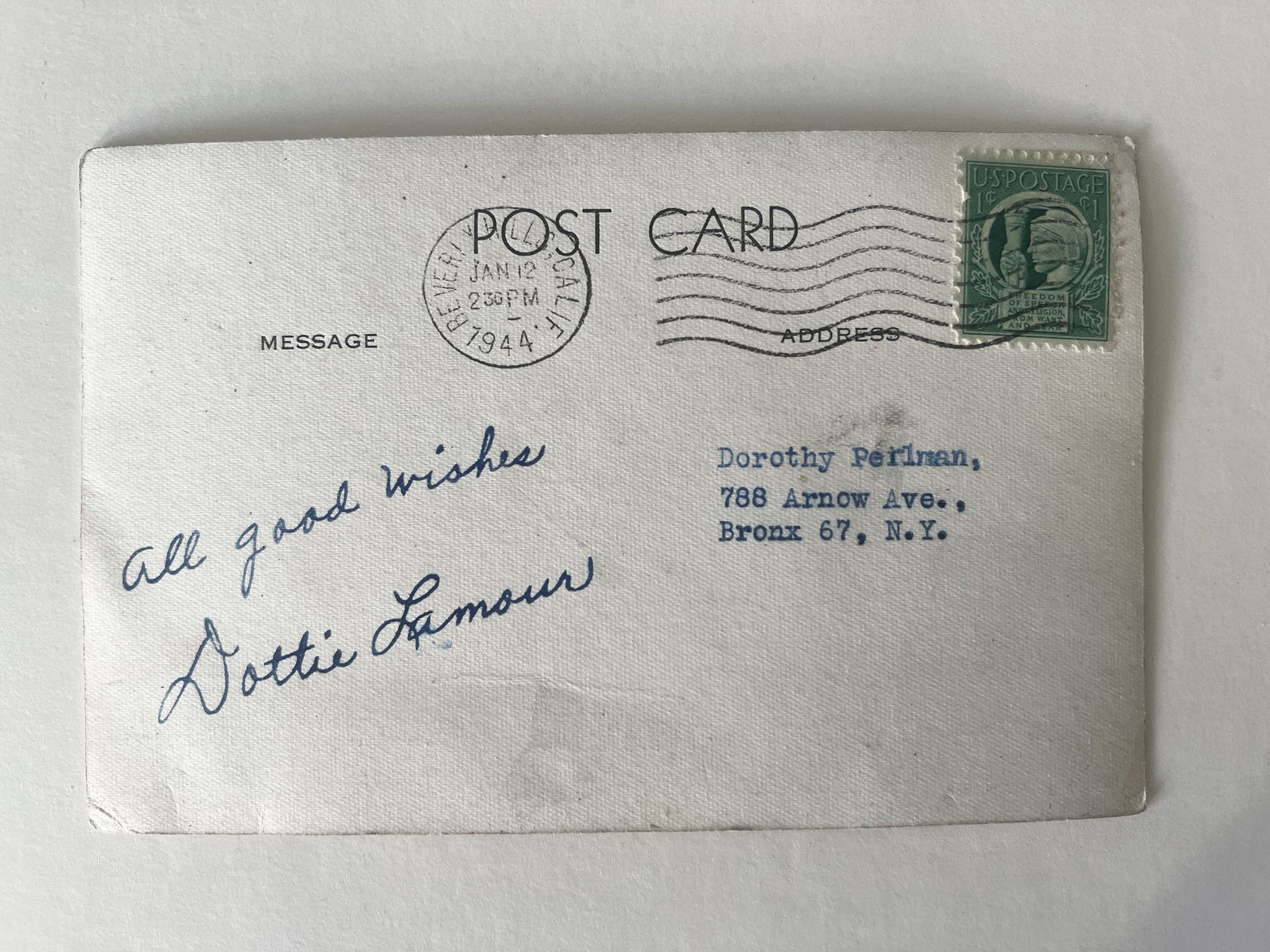 Road To Bali Dorothy Lamour signed postcard