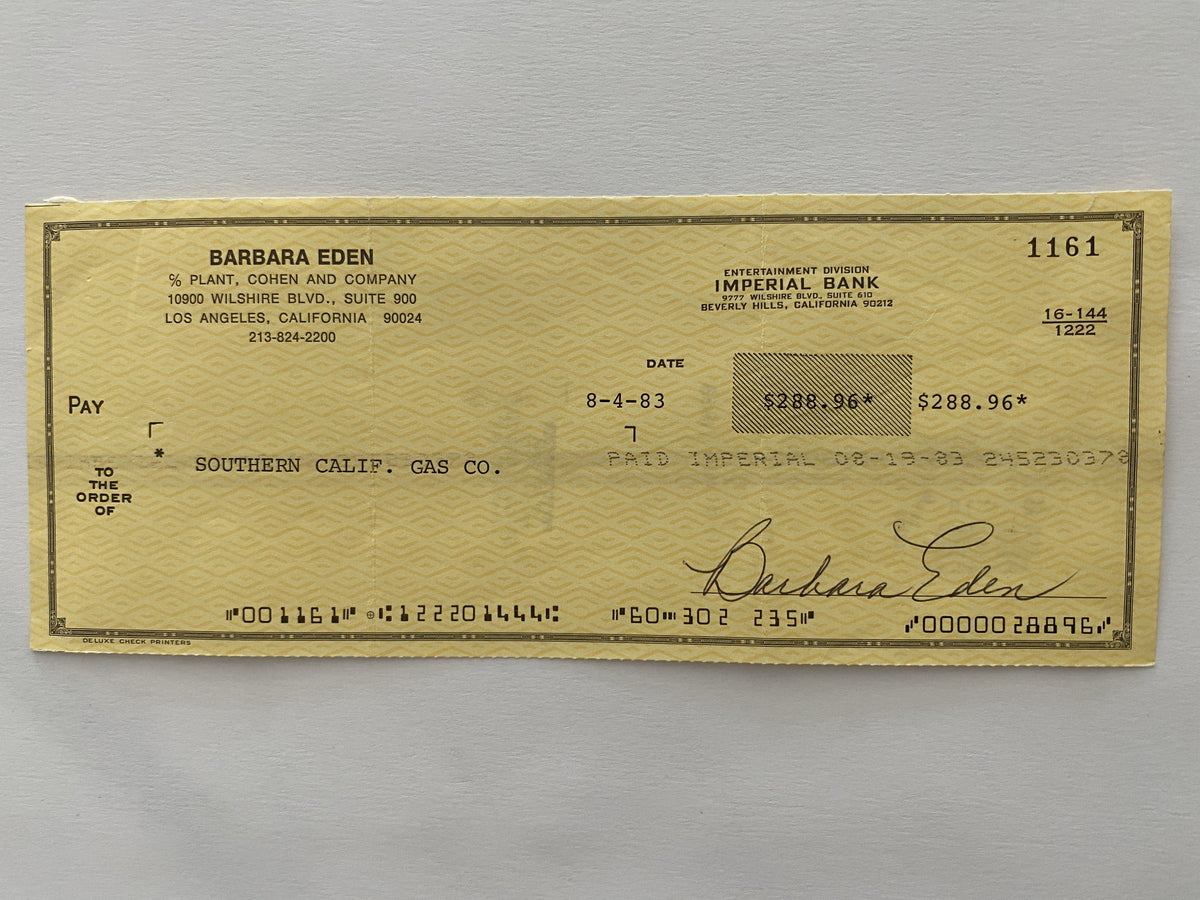 Barbara Eden signed check