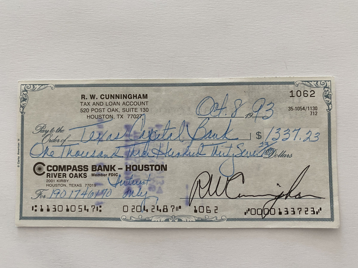 Walter Cunningham signed check