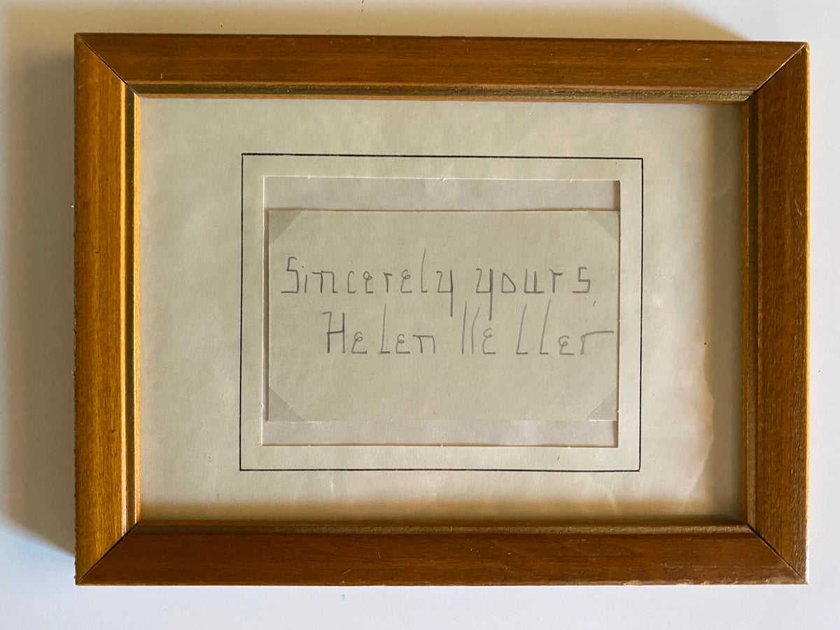 Author Helen Keller signed note in custom frame