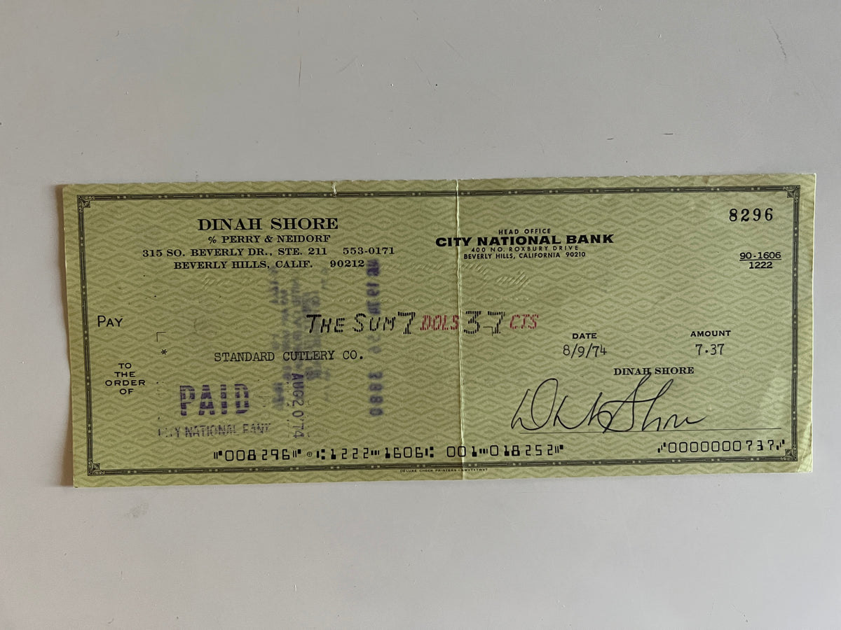 Dinah Shore signed check